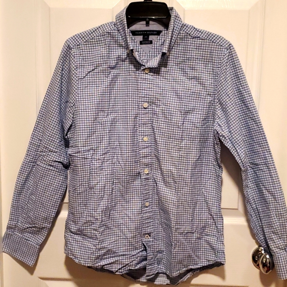 Tommy Hilfiger Custom Fit Men's Button Down Checkered Blue Long Sleeve - Small